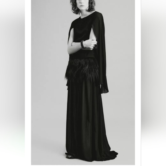 Zara Studio Elegant Black Faux Fur Sash Maxi Gown Dress Sz-M